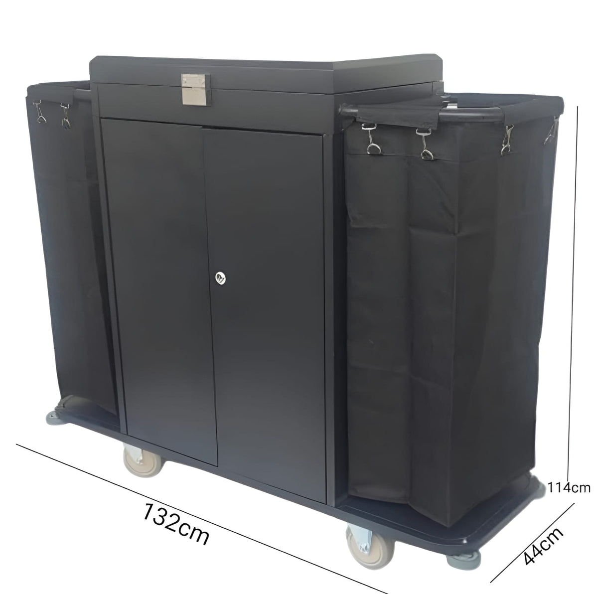 MS Black Housekeeping Trolley - Full Size with Two Sided Plain Bags | Door | Top Lid with Lock