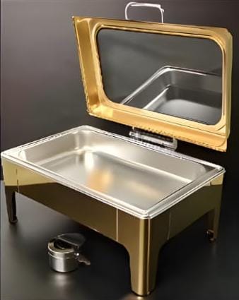Gold Chafing Dish Rectangle 9L with Gel Based Heating + Transparent Lid + Hydraulic Soft Close ( 1 GN Pan of 1/1 65mm )
