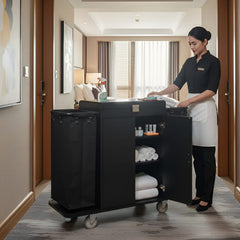 MS Black Housekeeping Trolley - Full Size with Two Sided Plain Bags | Door | Top Lid with Lock