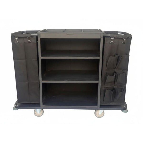 MS Black Housekeeping Trolley - Full Size with Two Sided Bags( 1 Side Plain + 1 Side with Pockets )