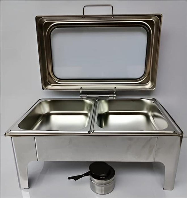 Chafing Dish RECTANGLE  9L with Transparent Roof Top , Hydraulic Soft Close & Gel Based Heating - SS PLAIN