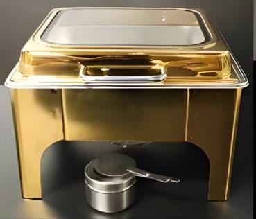 Gold Chafing Dish Square 6L with Gel Based Heating + Transparent Lid + Hydraulic Soft Close ( 1 GN Pan of 2/3 65mm )