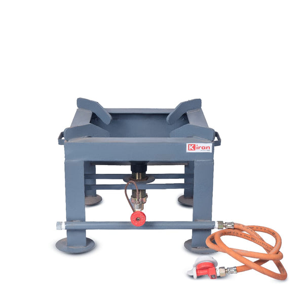 Kiran MS Gas Stove/Bhatti with Brass Nut Hose Pipe, High Pressure Regulator and value Stainless Steel Manual Gas Stove (1 Burners )