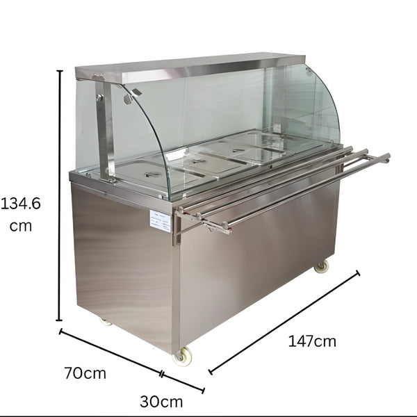 Premium 4000W Electric HOT Bain Marie Ready Counters with LED Light - Acrylic Sliding Door | Hot Inner Cabinets | 4 Wheels (2 With & 2 Without Brakes) | Wooden Packing for Glass | (GN Pans of 1/1 150mm)