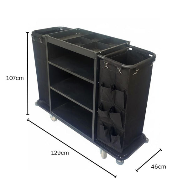 MS Black Housekeeping Trolley - Full Size with Two Sided Bags( 1 Side Plain + 1 Side with Pockets )